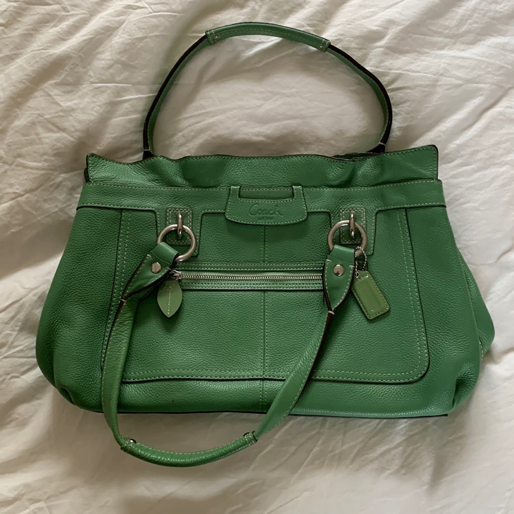 Coach handbag - green leather, approx 15” x 10” x 4”